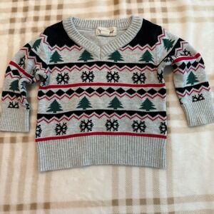 Beetle & Thread Baby Fair Isle Christmas Tree Snowflake Knit Sweater Gray 0-3M